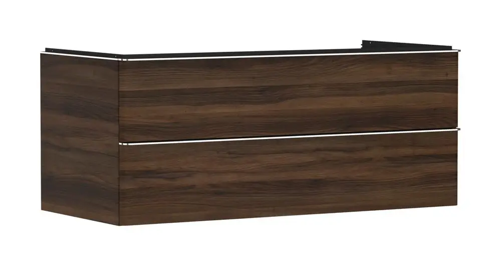 Waschtischunterschrank von Hansgrohe in dunkler Holzoptik, mit zwei Schubkästen. Eignet sich für Konsolen- und Aufsatzwaschtische. Schlichte, moderne Formgebung.